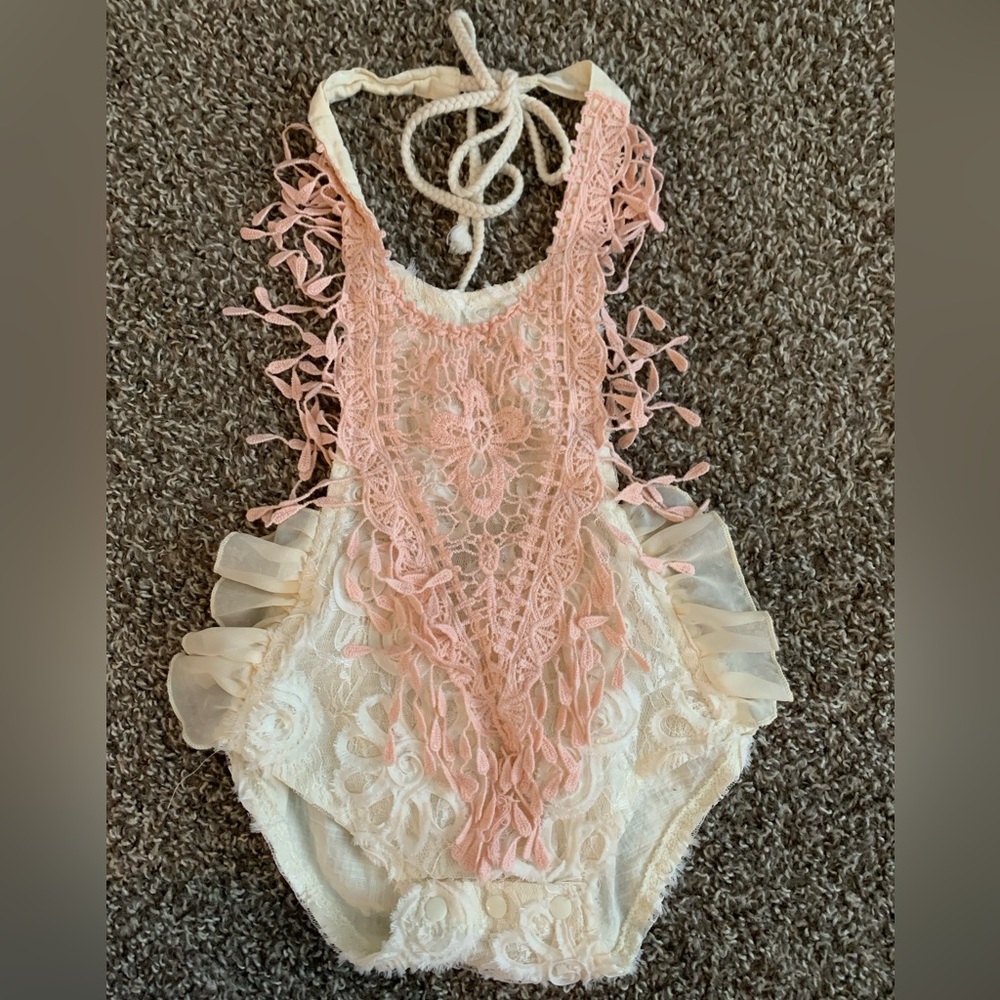 Bitsy Bug Boutique light pink/cream boho theme romper, size 6-12 months.